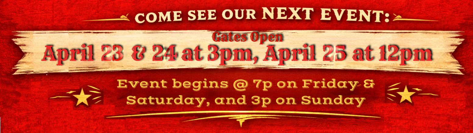 Red Gate Rodeo 2027: gates open April 23 and 24 at 3pm and April 25 at 12pm. Events begin at 7pm Friday and Saturday and 3pm Sunday.